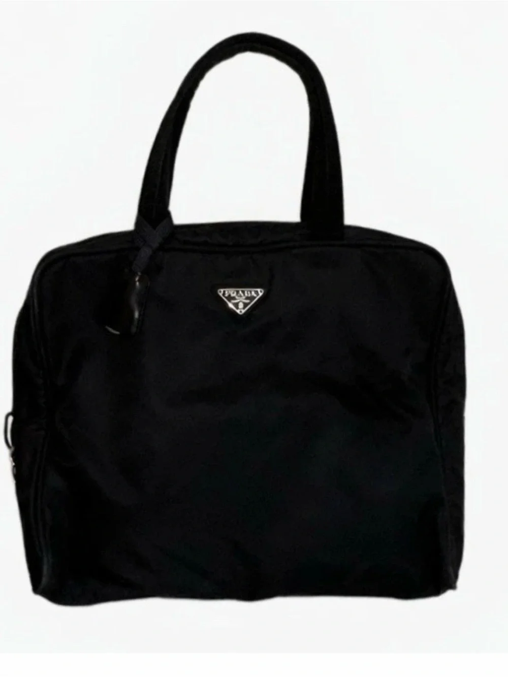 UNISEX PRADA Black Nylon Tote Bag with Silver Hardware Zipper and Padlock.